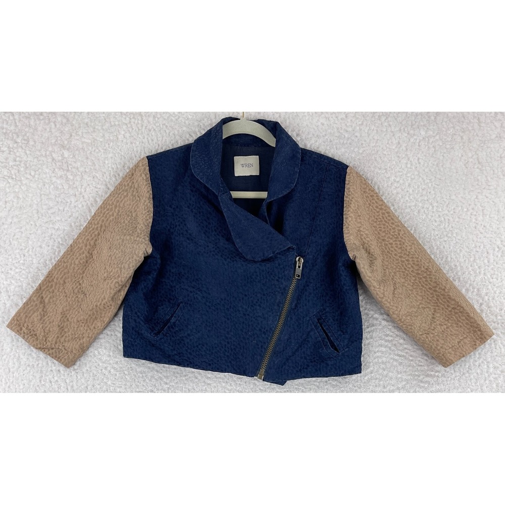 Wren Jacket Womens Large Zip Up Blue Color Block Cropped‎ 3/4 Sleeve USA Made
